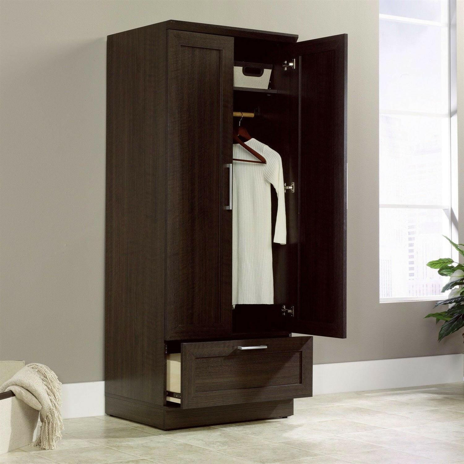 Bedroom Wardrobe Armoire Cabinet in Dark Brown Oak Wood Finish - FurniFindUSA
