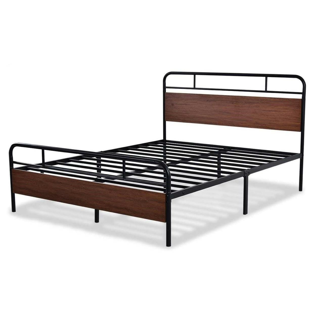 Queen Size Industrial Metal Wood Platform Bed Frame with Headboard and Footboard - FurniFindUSA