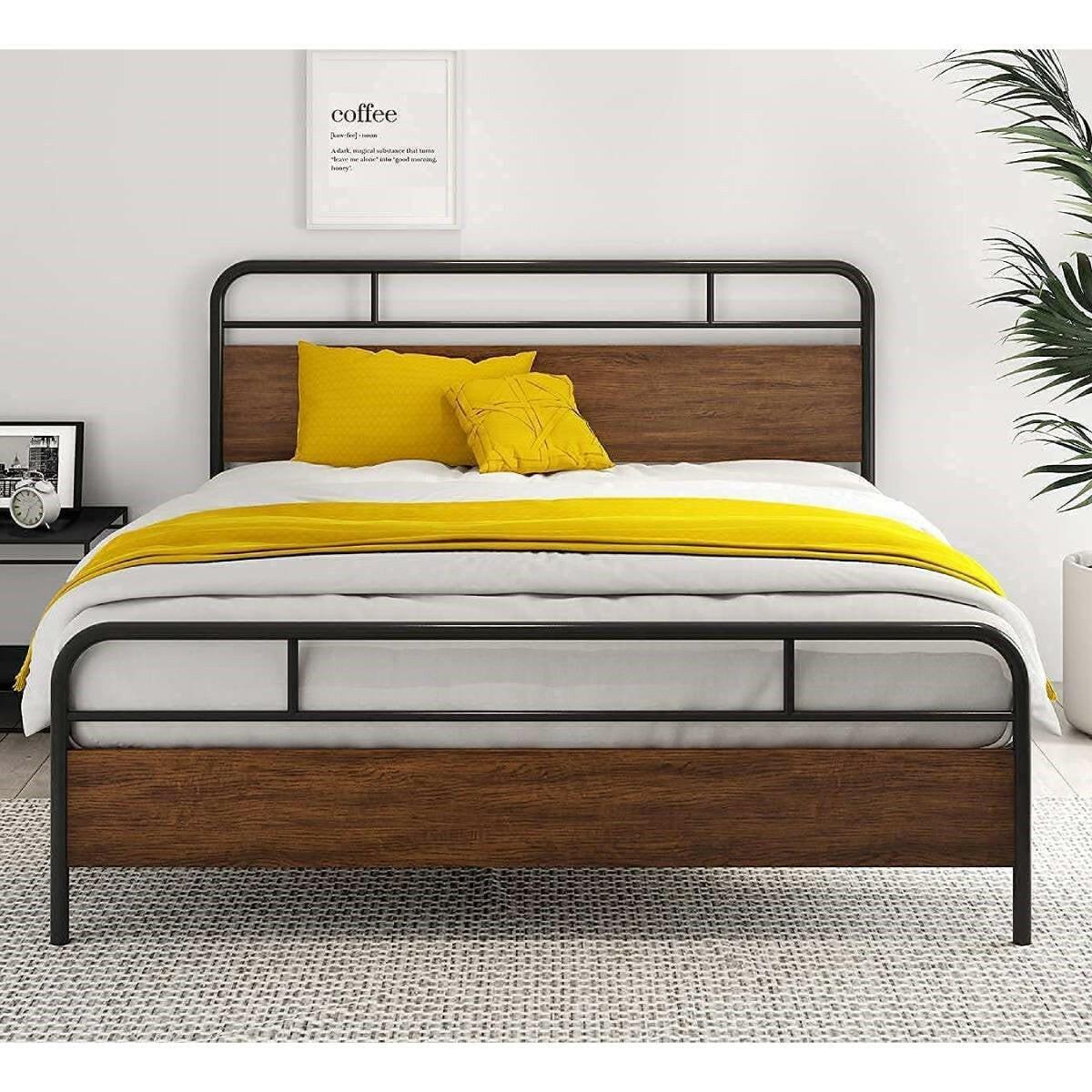 Queen Size Industrial Metal Wood Platform Bed Frame with Headboard and Footboard - FurniFindUSA