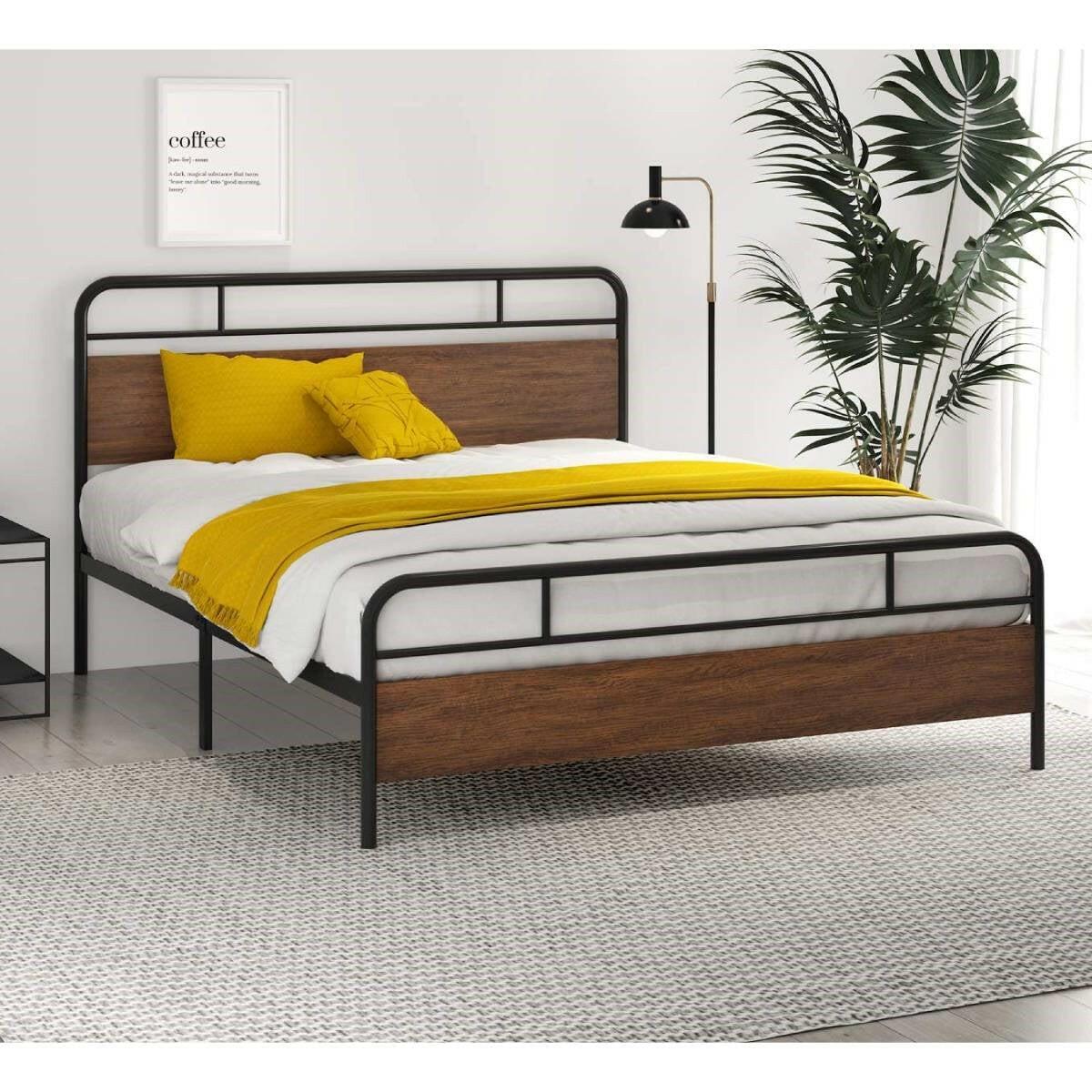 Queen Size Industrial Metal Wood Platform Bed Frame with Headboard and Footboard - FurniFindUSA