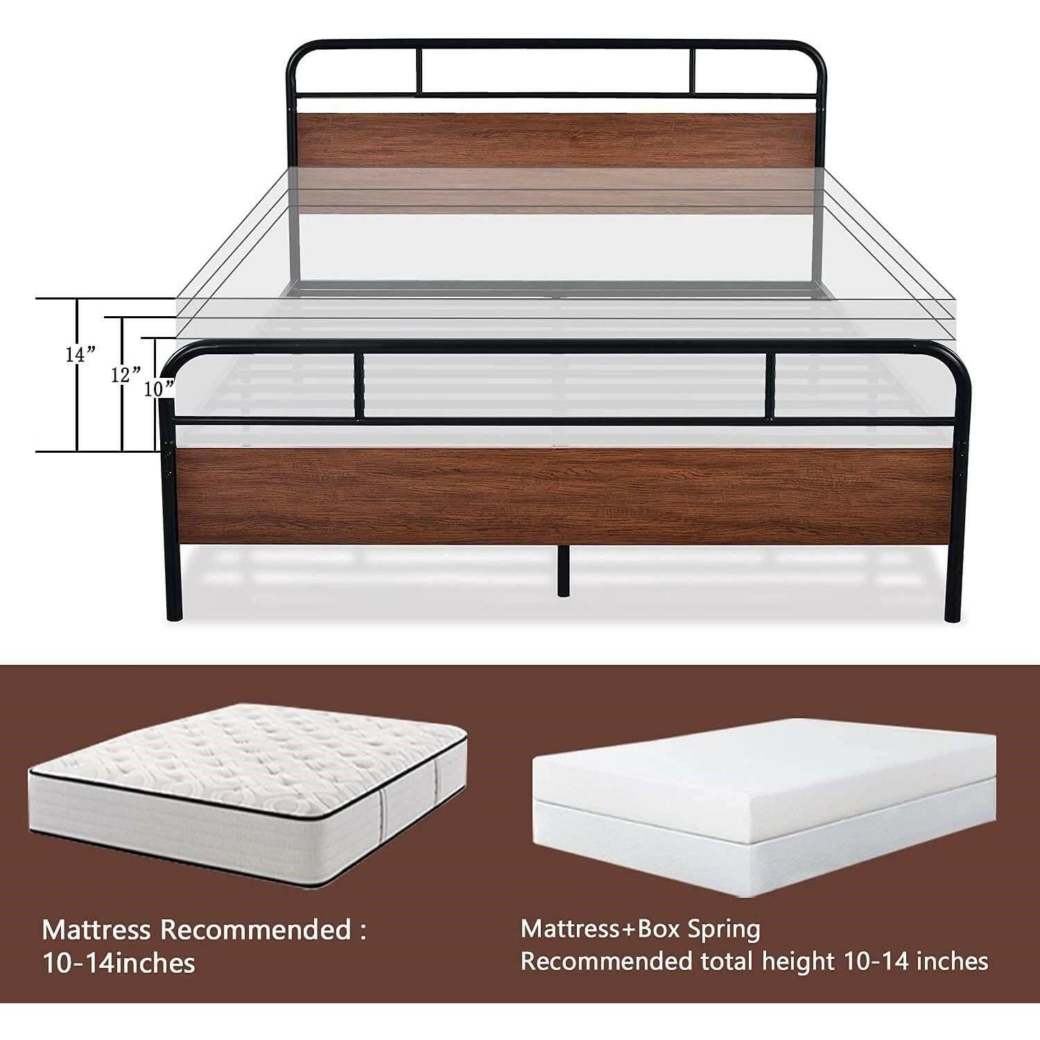 Queen Size Industrial Metal Wood Platform Bed Frame with Headboard and Footboard - FurniFindUSA