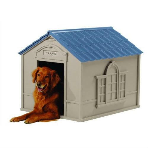 Outdoor Dog House in Taupe and Blue Roof Durable Resin - For Dogs up to 100 lbs - FurniFindUSA