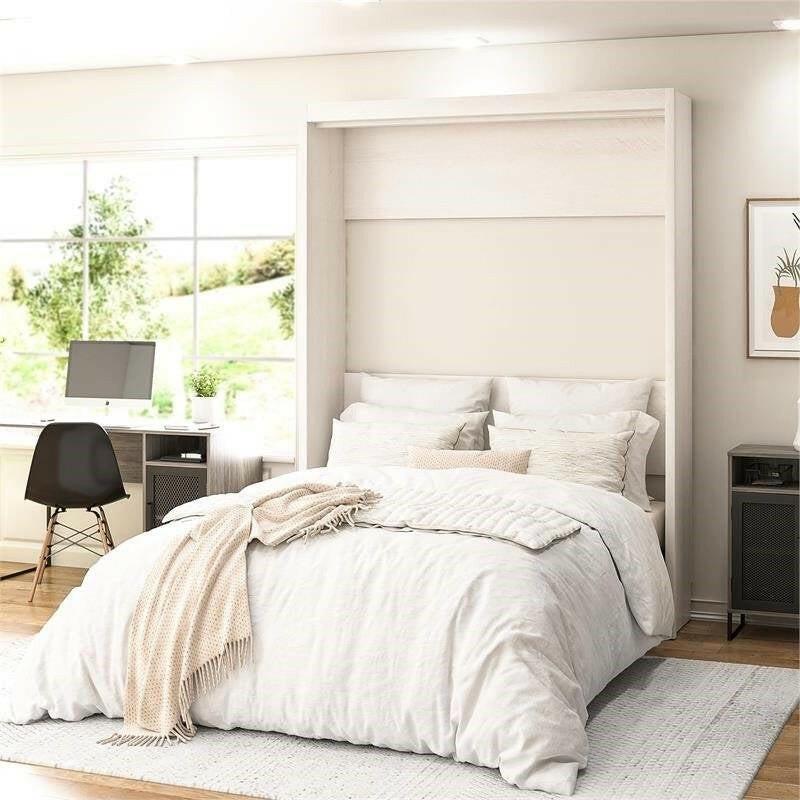 Full size Murphy Bed Space Saving Wall Bed Frame in Ivory Oak Finish - FurniFindUSA