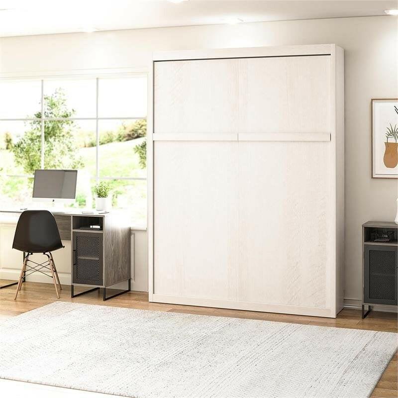 Full size Murphy Bed Space Saving Wall Bed Frame in Ivory Oak Finish - FurniFindUSA