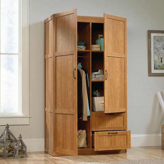 Bedroom Wardrobe Cabinet Storage Closet Organizer in Medium Oak Finish - FurniFindUSA