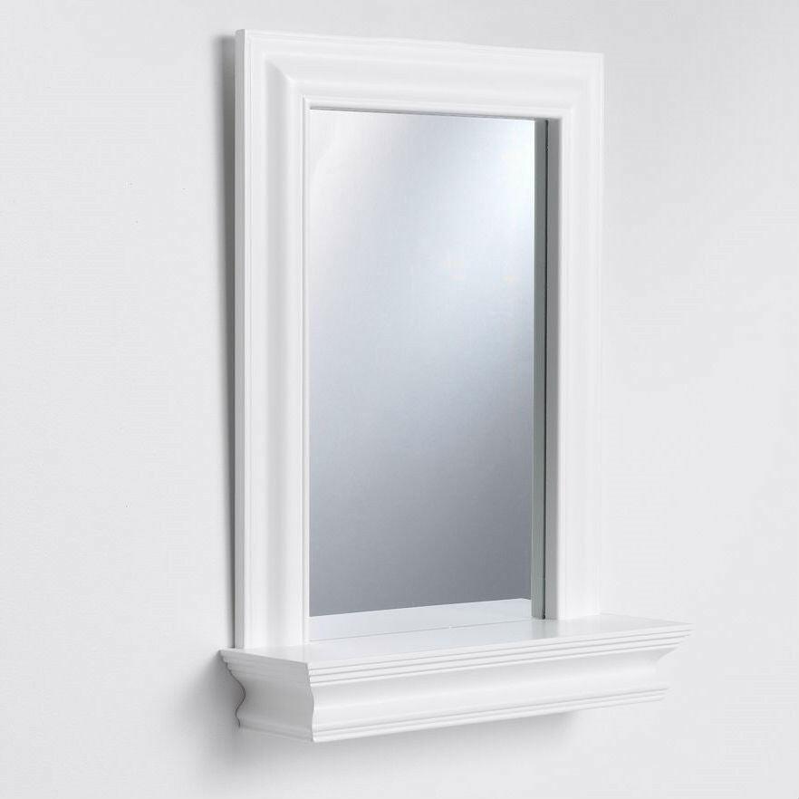 Framed Bathroom Mirror Rectangular Shape with Bottom Shelf in White Wood Finish - FurniFindUSA