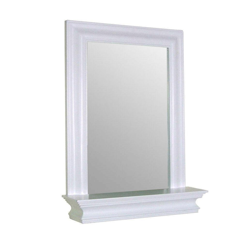 Framed Bathroom Mirror Rectangular Shape with Bottom Shelf in White Wood Finish - FurniFindUSA