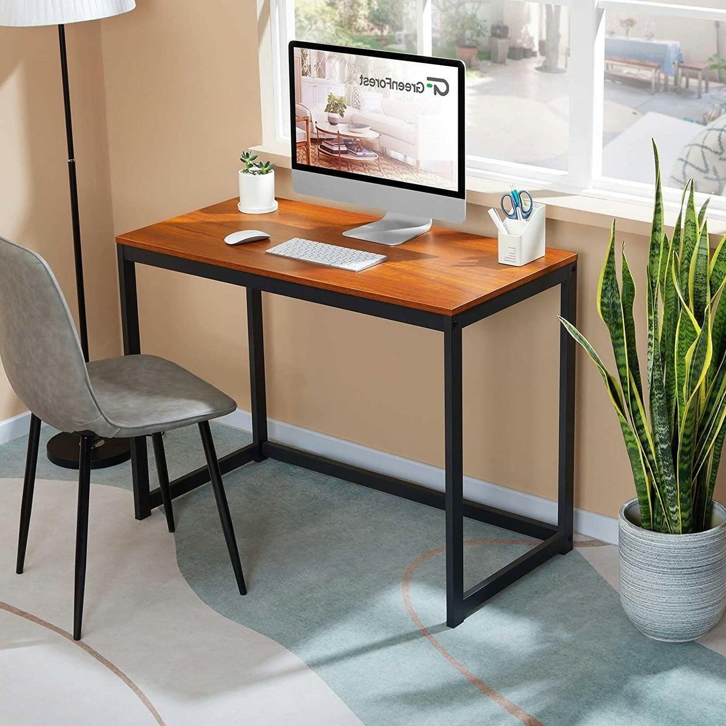Compact Modern Home Office Laptop Computer Desk Table Metal Frame Wood Top - FurniFindUSA