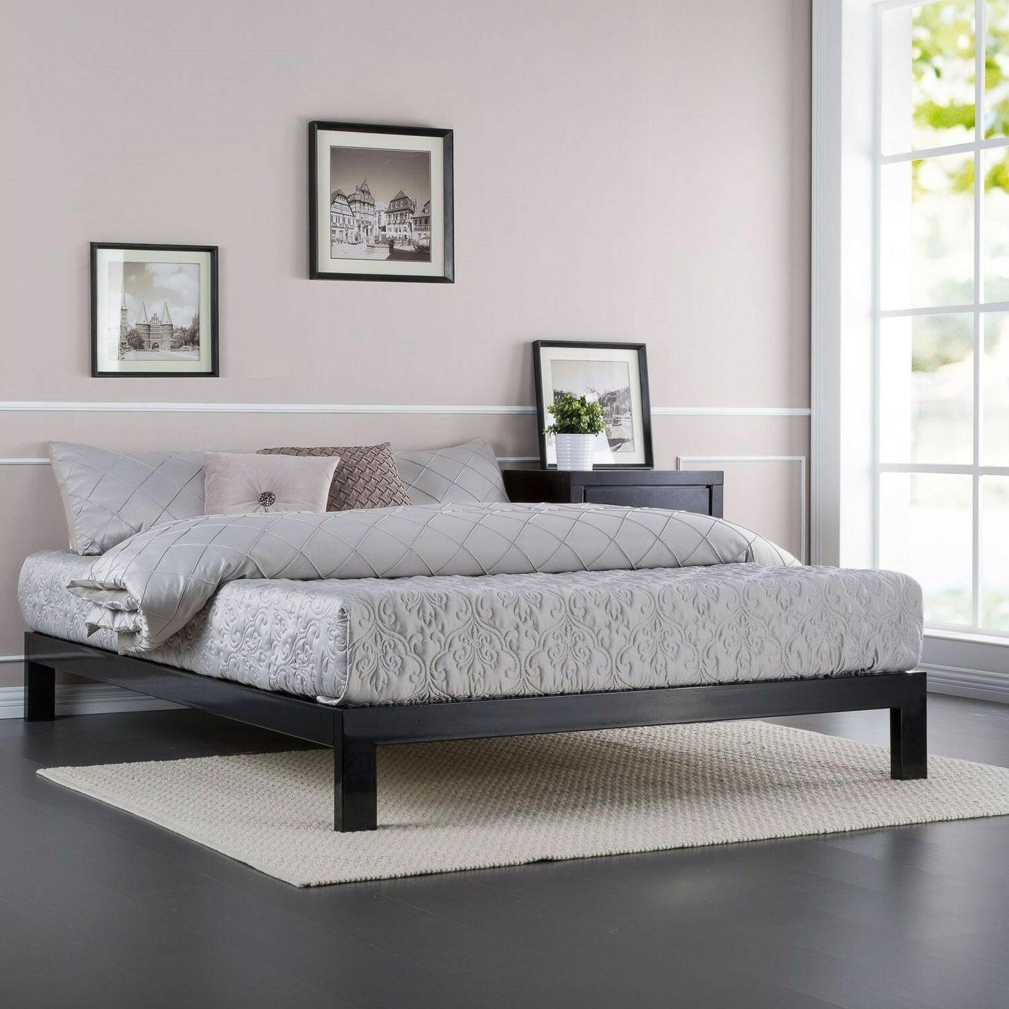 Queen Modern Black Metal Platform Bed Frame with Wooden Slats - FurniFindUSA