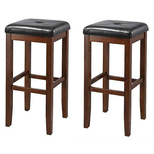 Set of 2 Vintage Mahogany Stools with Black Upholstered Seat - FurniFindUSA