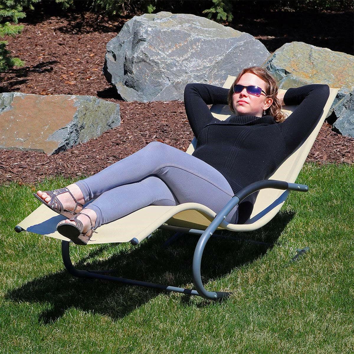 Modern Beige Rocking Chaise Lounger Patio Lounge Chair with Pillow - FurniFindUSA