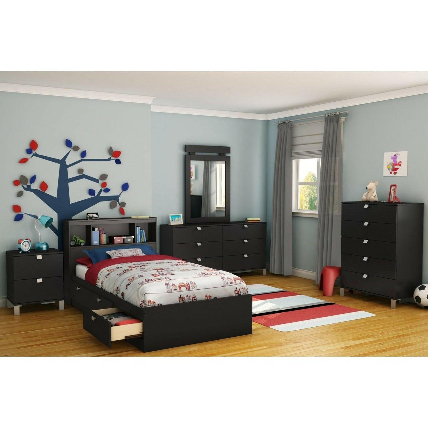 Twin-size Bookcase Headboard in Black Finish - Modern Design - FurniFindUSA