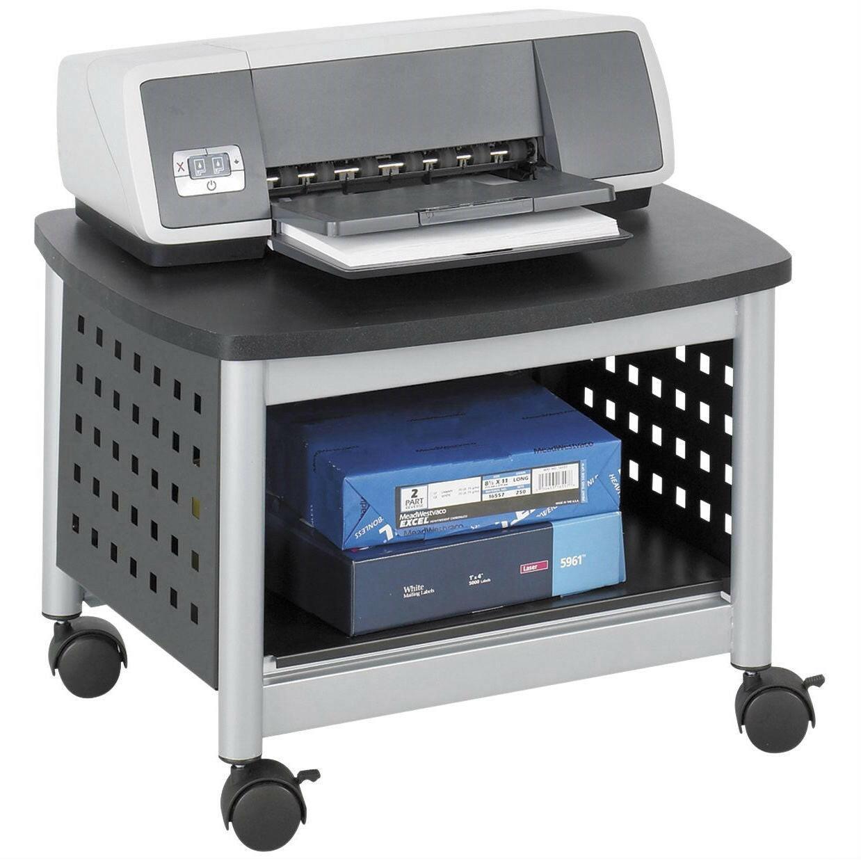 Under-Desk Printer Stand Mobile Office Cart in Black and Silver - FurniFindUSA