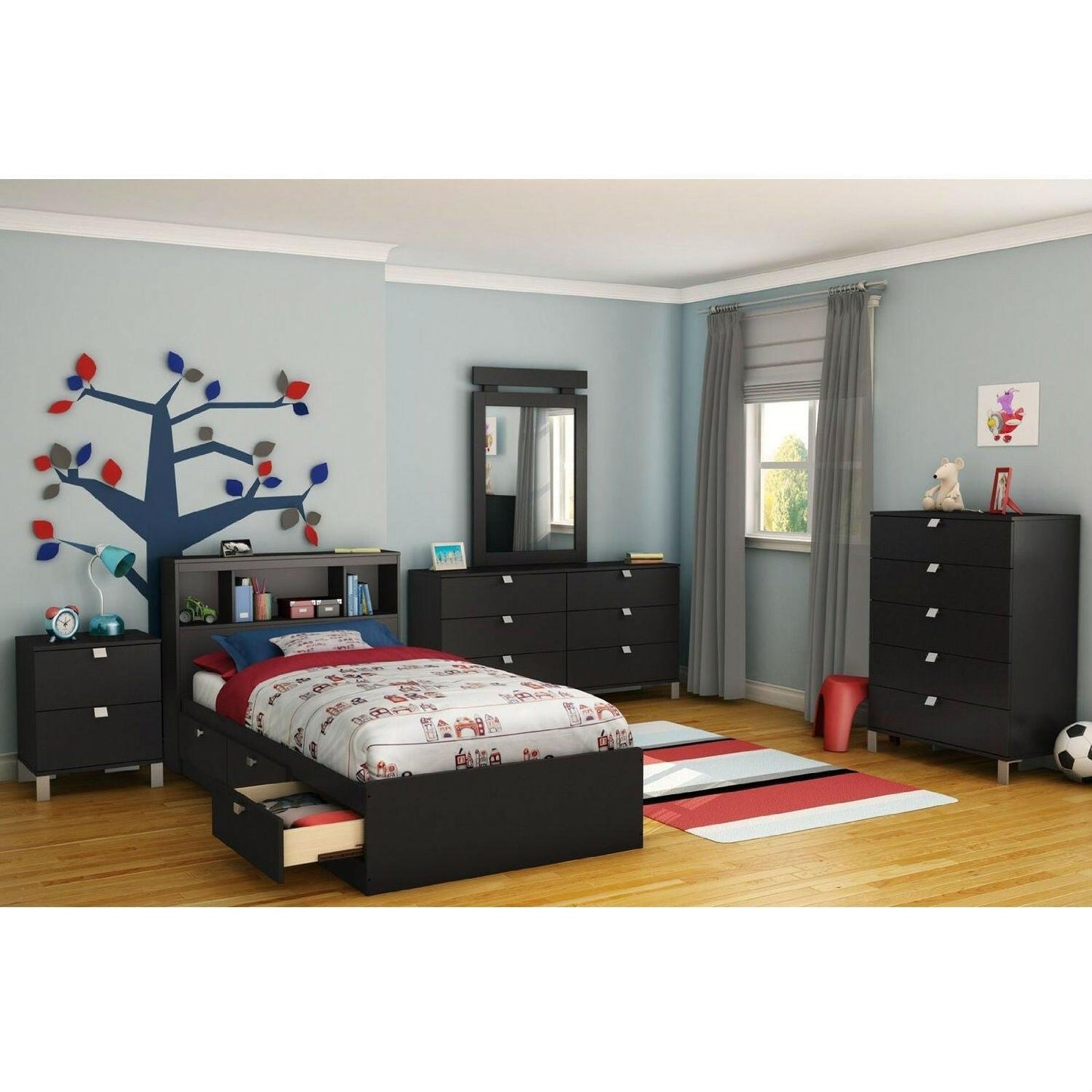 Twin size Platform Bed with 3 Storage Drawers in Black Finish - FurniFindUSA