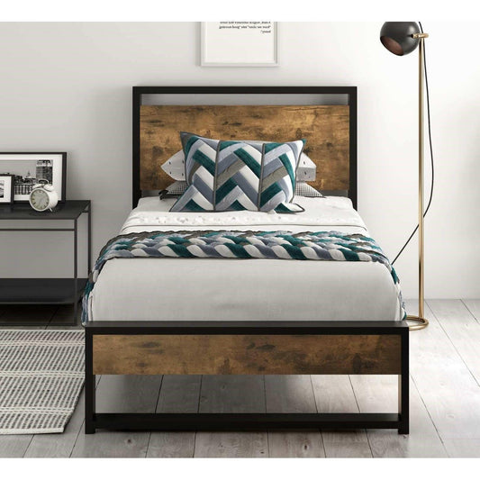 Twin size Metal Wood Platform Bed Frame with Industrial Headboard - FurniFindUSA