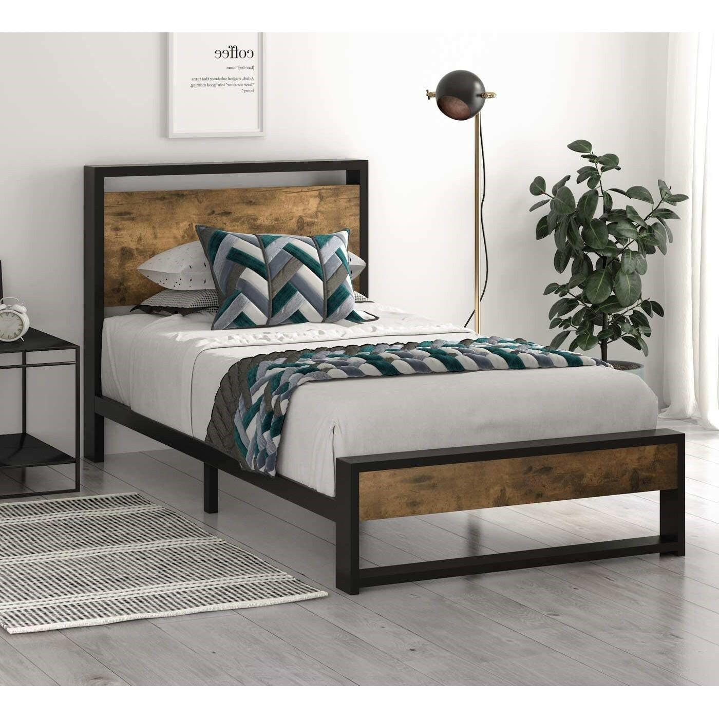 Twin size Metal Wood Platform Bed Frame with Industrial Headboard - FurniFindUSA