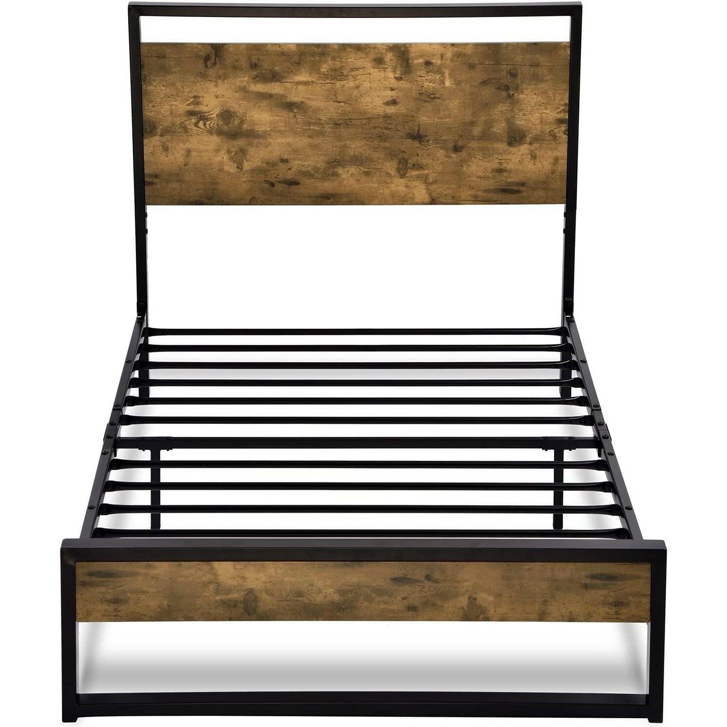 Twin size Metal Wood Platform Bed Frame with Industrial Headboard - FurniFindUSA