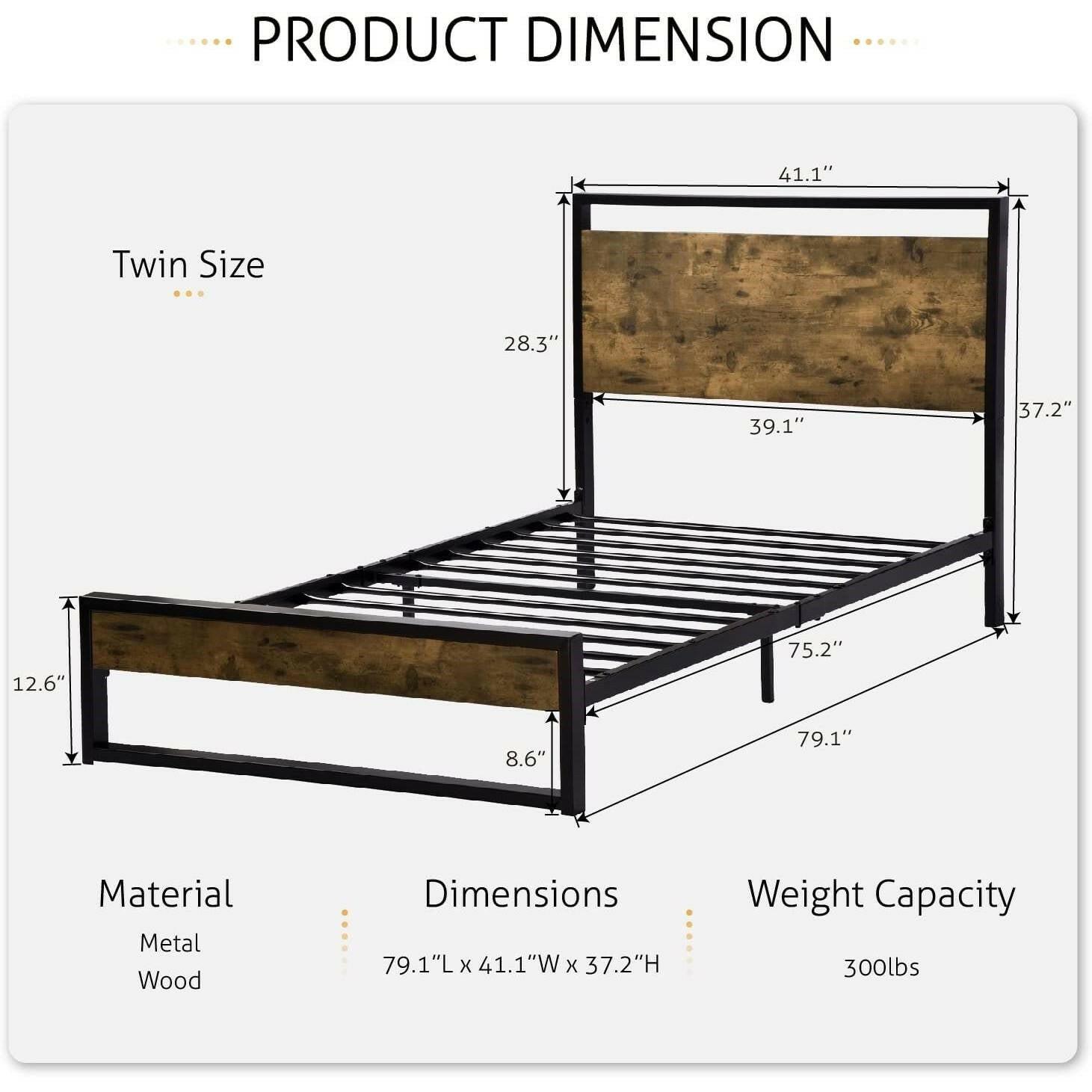 Twin size Metal Wood Platform Bed Frame with Industrial Headboard - FurniFindUSA