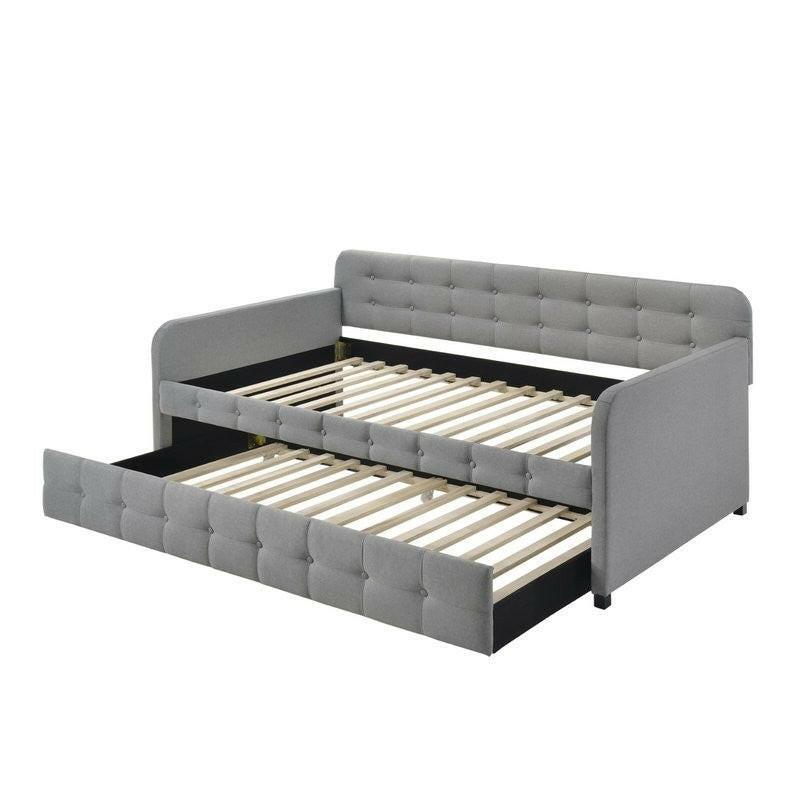 Gray Tufted Polyester Linen Twin Daybed with Trundle - FurniFindUSA
