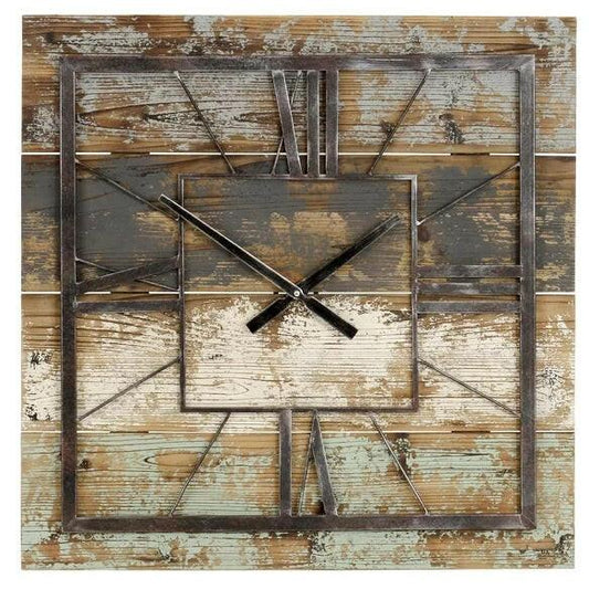 Square 27.5-inch Wood and Metal Wall Clock Industrial Style - FurniFindUSA