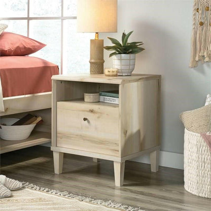 Light Maple Wood Farmhouse Style 1-Drawer Nightstand with Open Shelf - FurniFindUSA