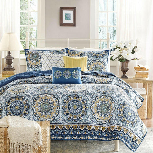 Queen size 6-Piece Coverlet Quilt Set in Blue Floral Pattern - FurniFindUSA