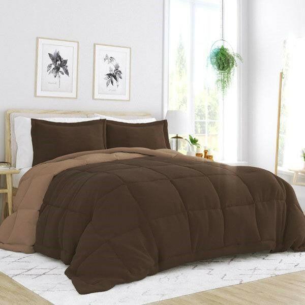 Full/Queen 3-Piece Microfiber Reversible Comforter Set in Taupe Brown - FurniFindUSA