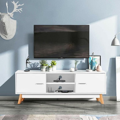 Modern 55-inch Solid Wood TV Stand in White Finish and Mid-Century Legs - FurniFindUSA