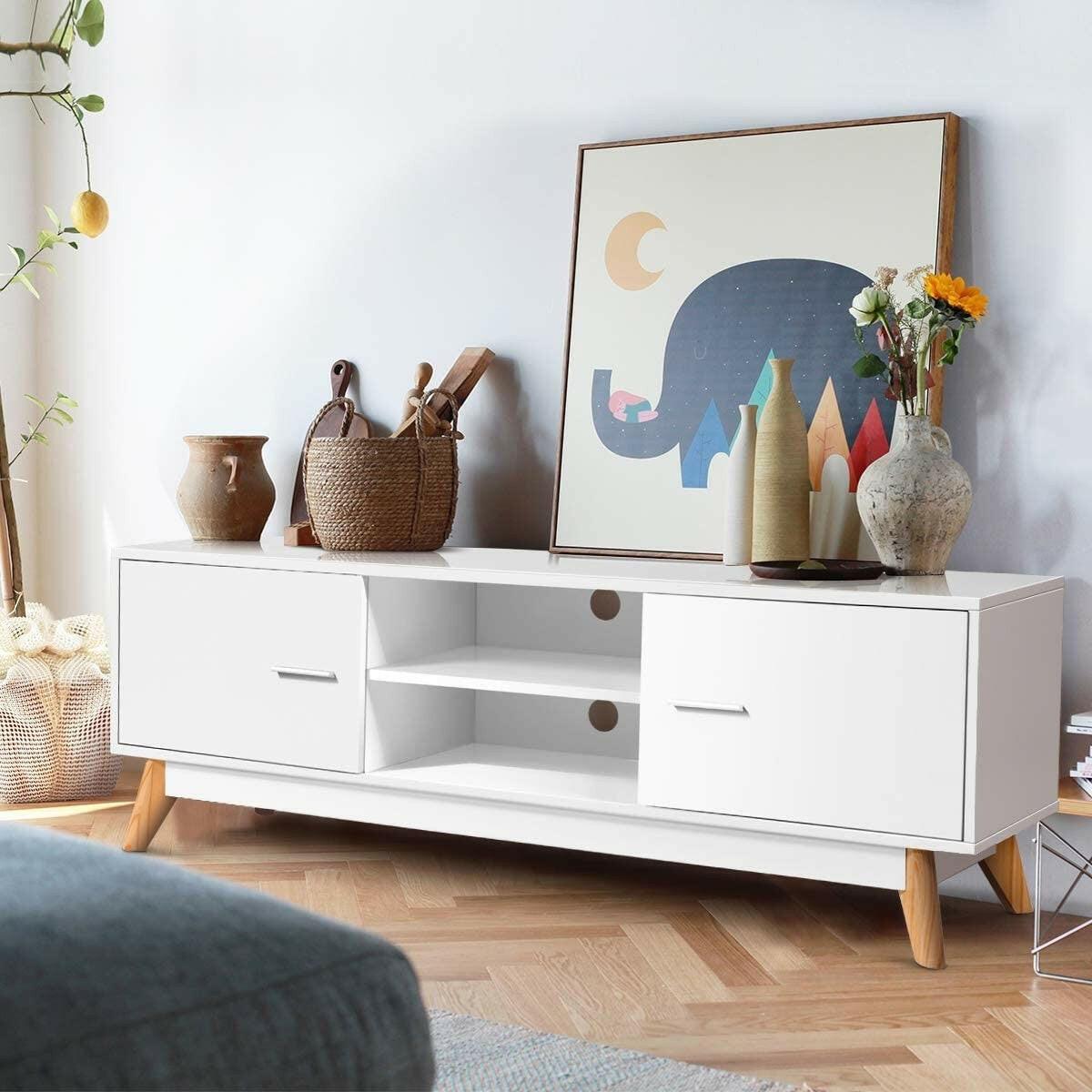 Modern 55-inch Solid Wood TV Stand in White Finish and Mid-Century Legs - FurniFindUSA