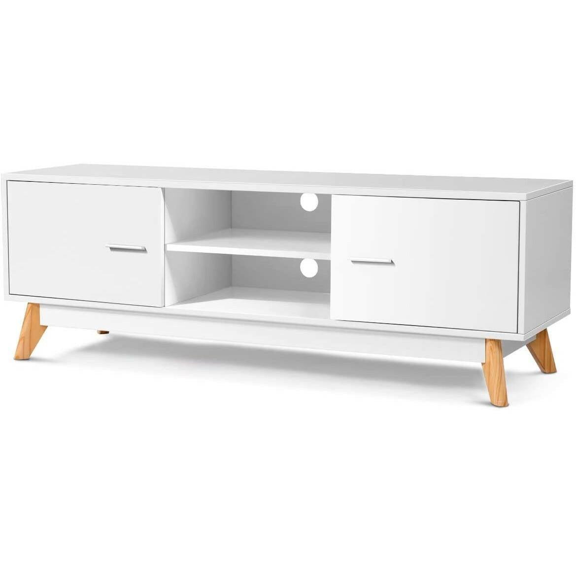 Modern 55-inch Solid Wood TV Stand in White Finish and Mid-Century Legs - FurniFindUSA