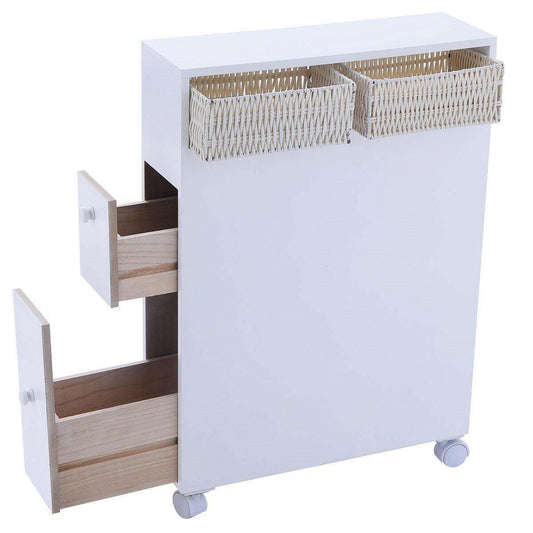 White Bathroom Storage Floor Cabinet with Baskets and Casters - FurniFindUSA