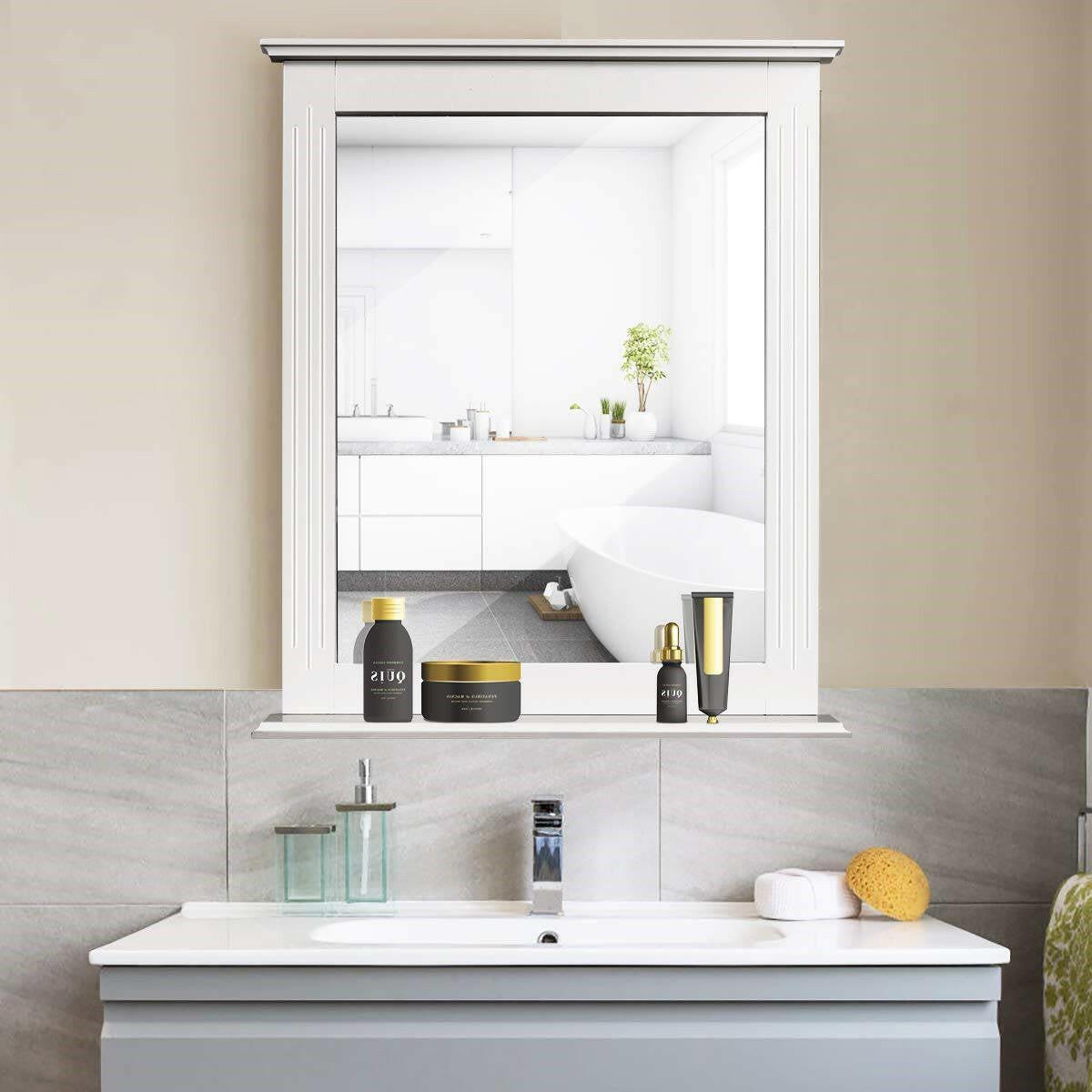 White Rectangle Bedroom Bathroom Vanity Wall Mirror with Bottom Shelf - FurniFindUSA