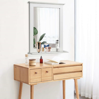 White Rectangle Bedroom Bathroom Vanity Wall Mirror with Bottom Shelf - FurniFindUSA