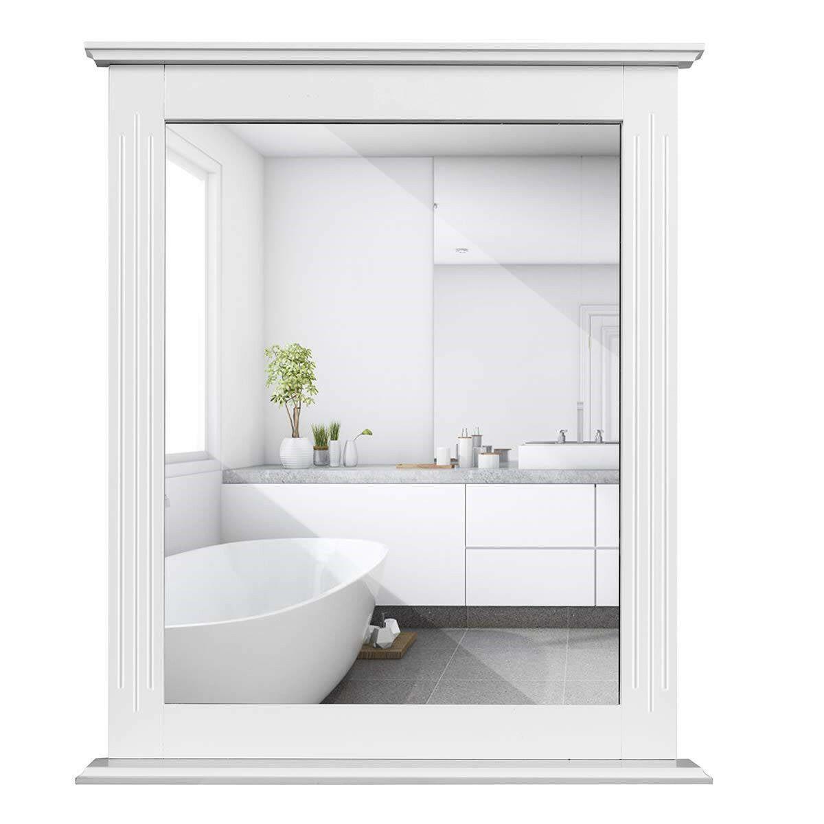 White Rectangle Bedroom Bathroom Vanity Wall Mirror with Bottom Shelf - FurniFindUSA