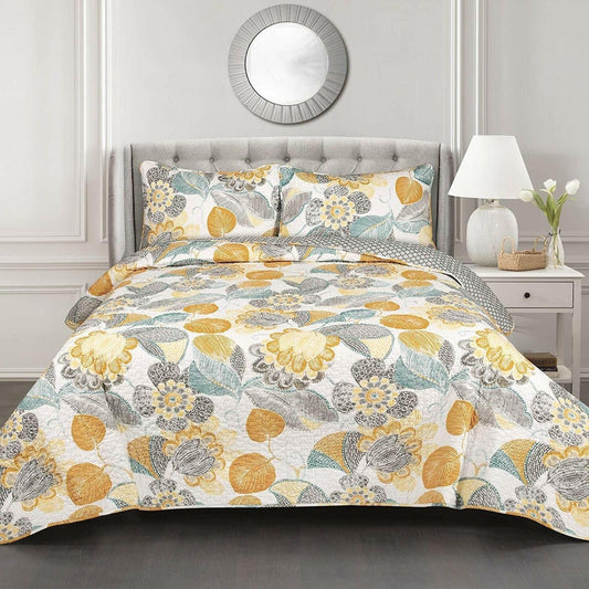 Full/Queen 3 Piece Reversible Yellow Grey Teal Floral Leaves Cotton Quilt Set - FurniFindUSA