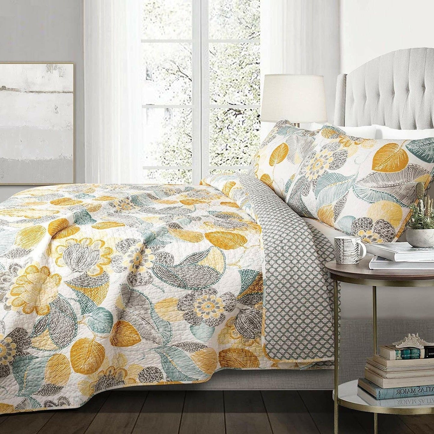 Full/Queen 3 Piece Reversible Yellow Grey Teal Floral Leaves Cotton Quilt Set - FurniFindUSA