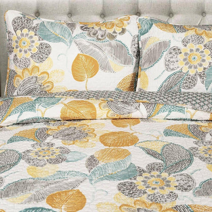 Full/Queen 3 Piece Reversible Yellow Grey Teal Floral Leaves Cotton Quilt Set - FurniFindUSA