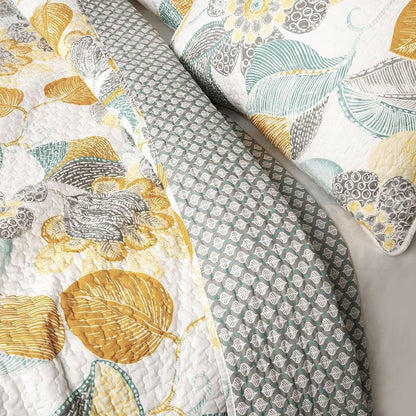 Full/Queen 3 Piece Reversible Yellow Grey Teal Floral Leaves Cotton Quilt Set - FurniFindUSA