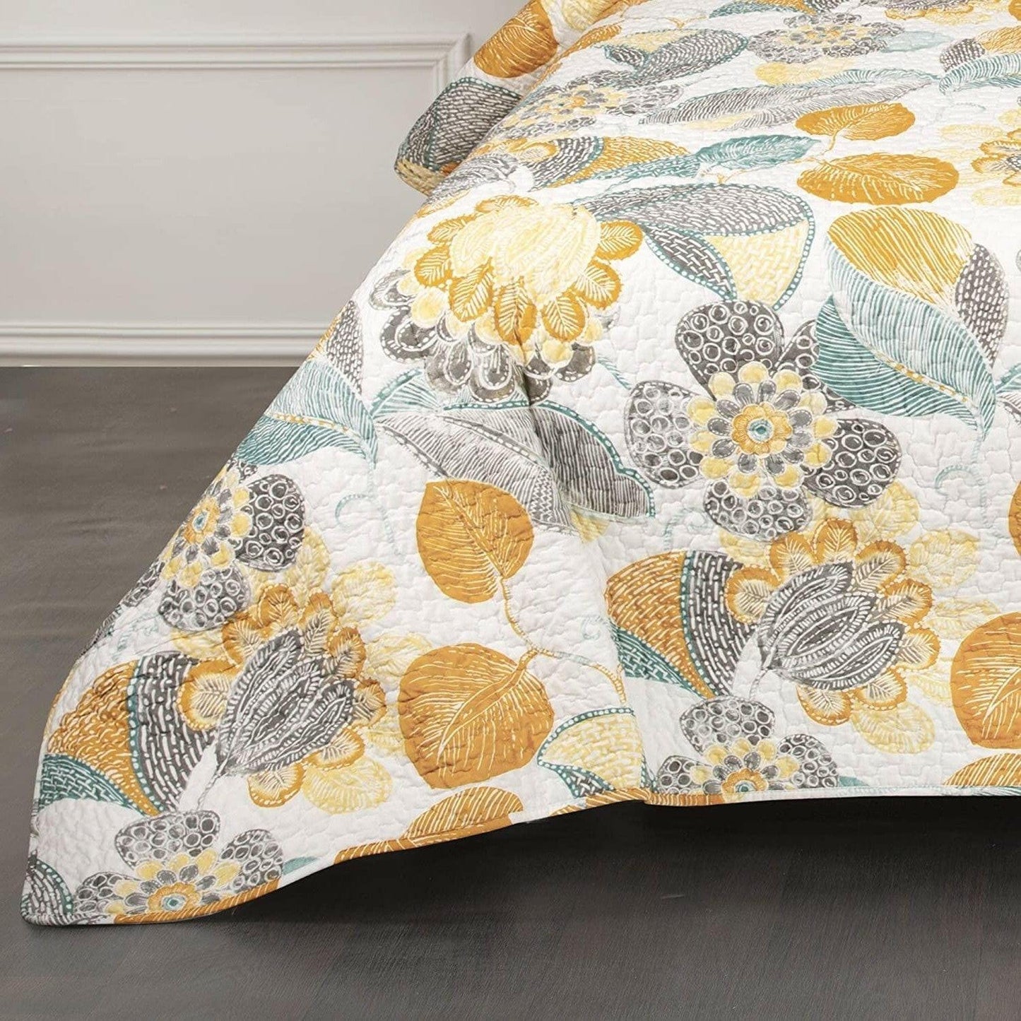 Full/Queen 3 Piece Reversible Yellow Grey Teal Floral Leaves Cotton Quilt Set - FurniFindUSA