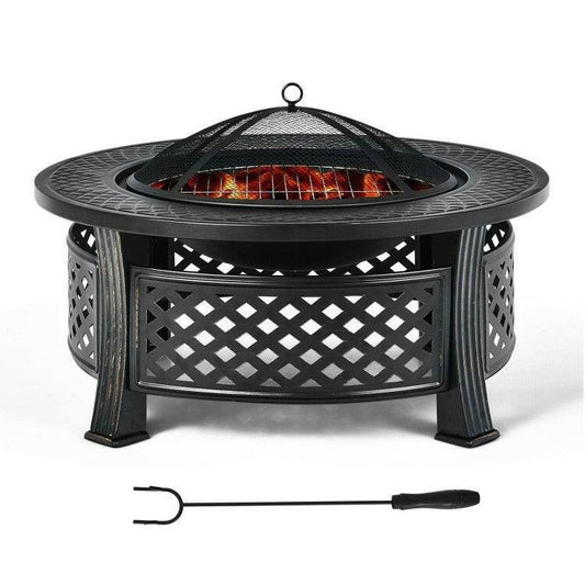 Rustic Steel Outdoor Fire Pit with BBQ Grill with Poker and Mesh Cover - FurniFindUSA