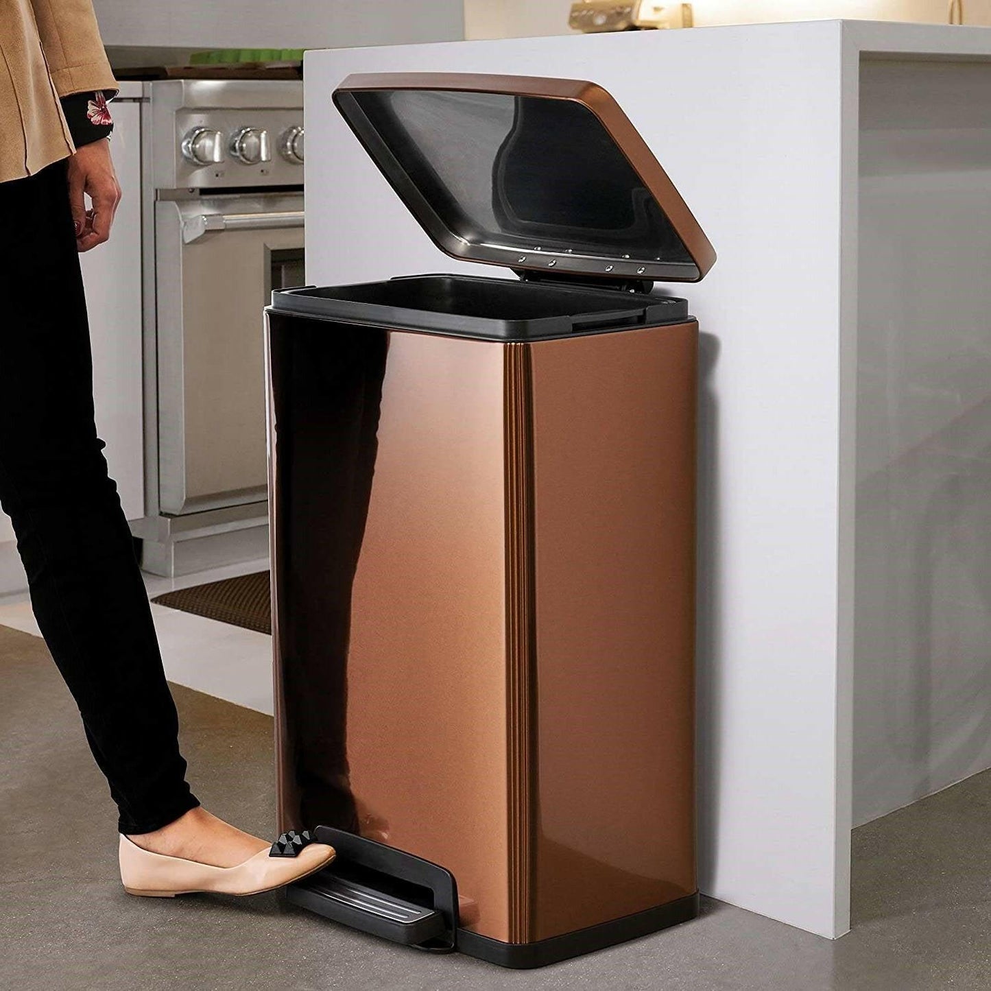 Stainless Steel 13-Gallon Kitchen Trash Can with Step Lid in Copper Bronze - FurniFindUSA