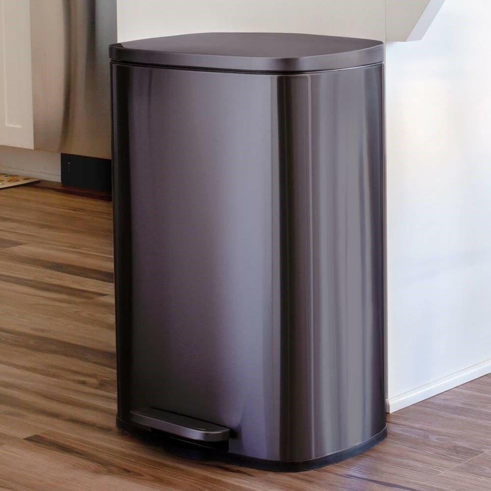 13 Gallon Black Stainless Steel Kitchen Trash Can with Step Open Lid - FurniFindUSA