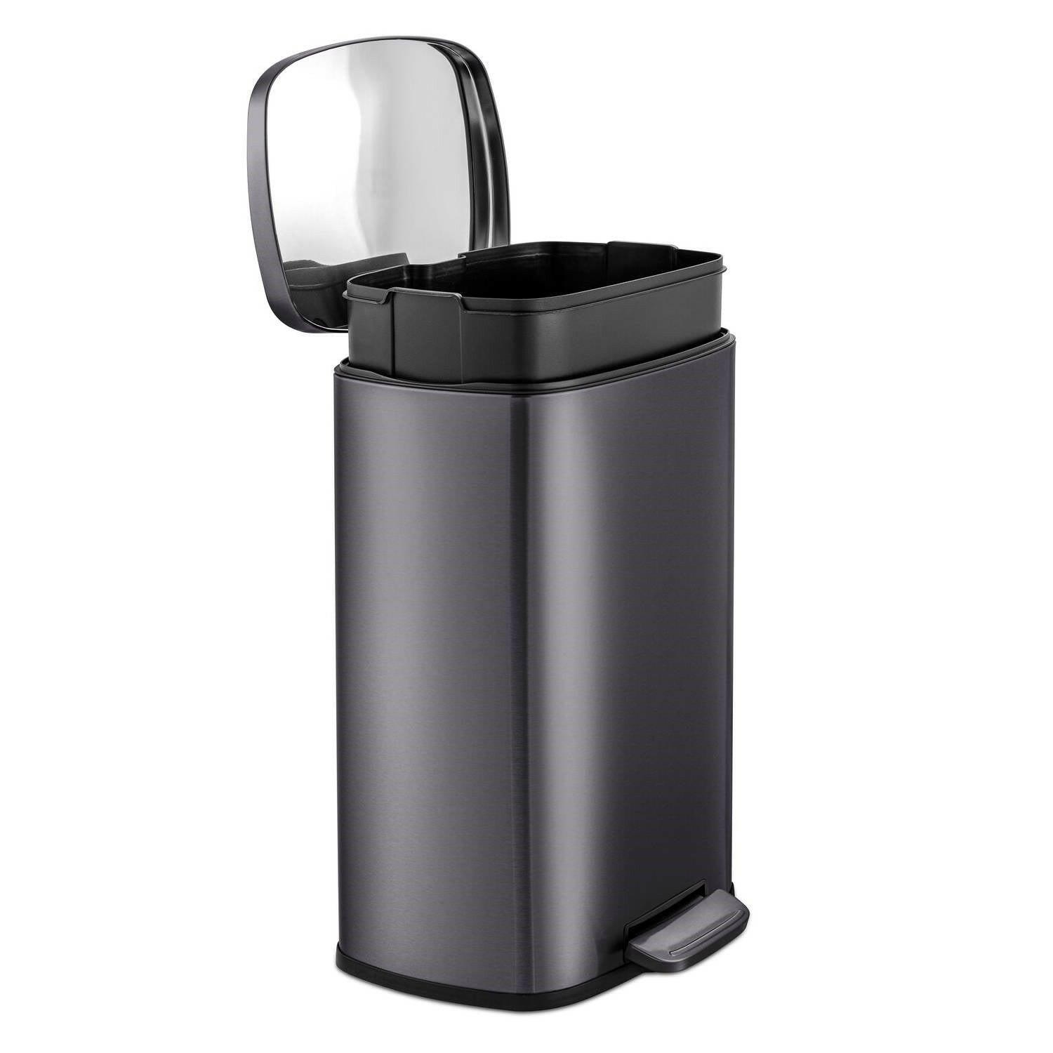 13 Gallon Black Stainless Steel Kitchen Trash Can with Step Open Lid - FurniFindUSA