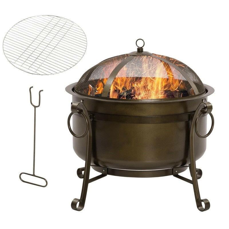 Outdoor Wood Burning Fire Pit Cauldron Style Steel Bowl w/ BBQ Grill, Log Poker, and Mesh Screen Lid - FurniFindUSA