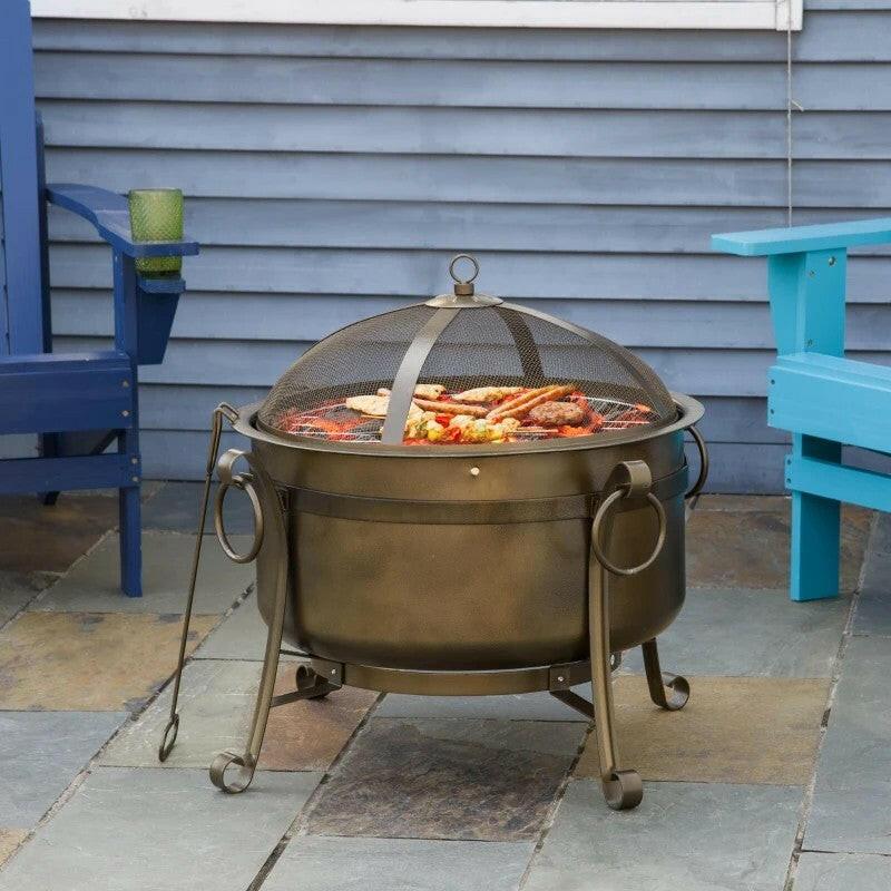 Outdoor Wood Burning Fire Pit Cauldron Style Steel Bowl w/ BBQ Grill, Log Poker, and Mesh Screen Lid - FurniFindUSA