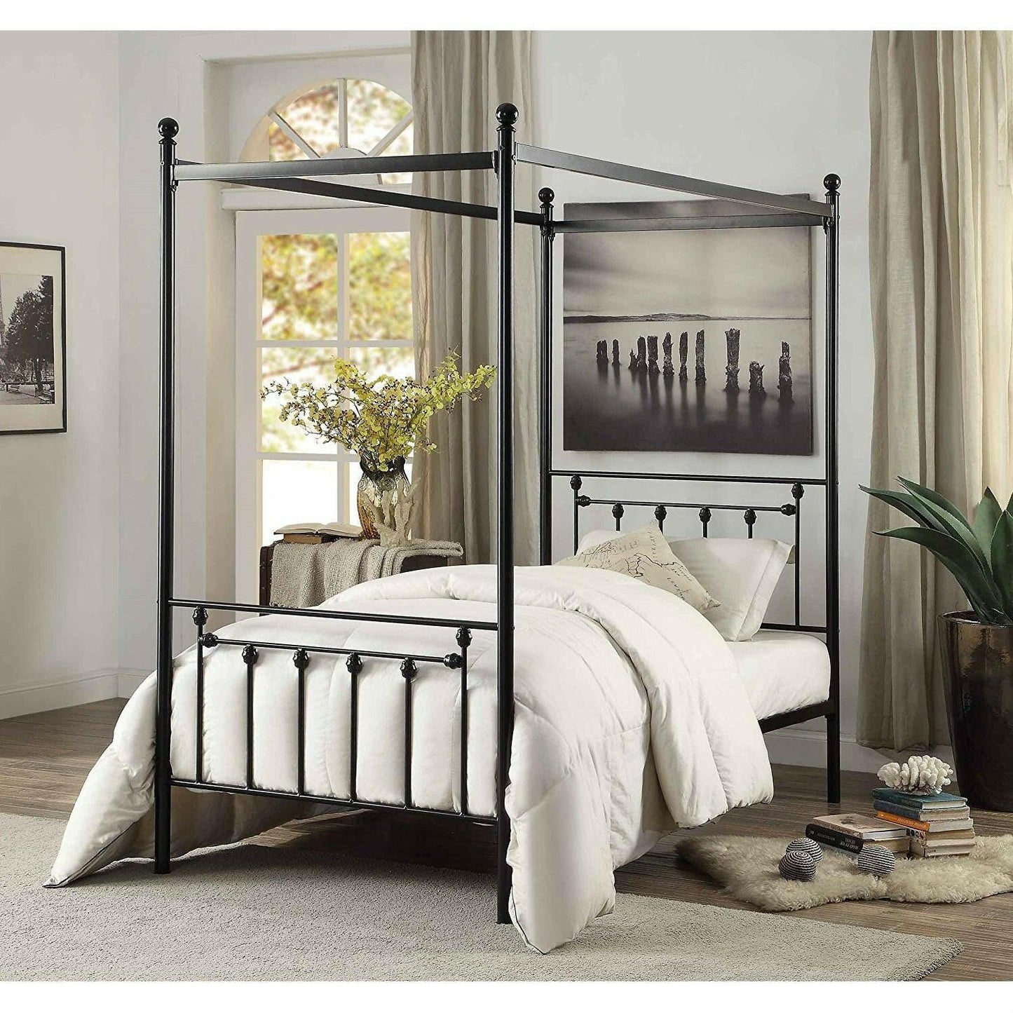 Twin size Sturdy Metal Canopy Bed Frame in Black Metal Finish - FurniFindUSA