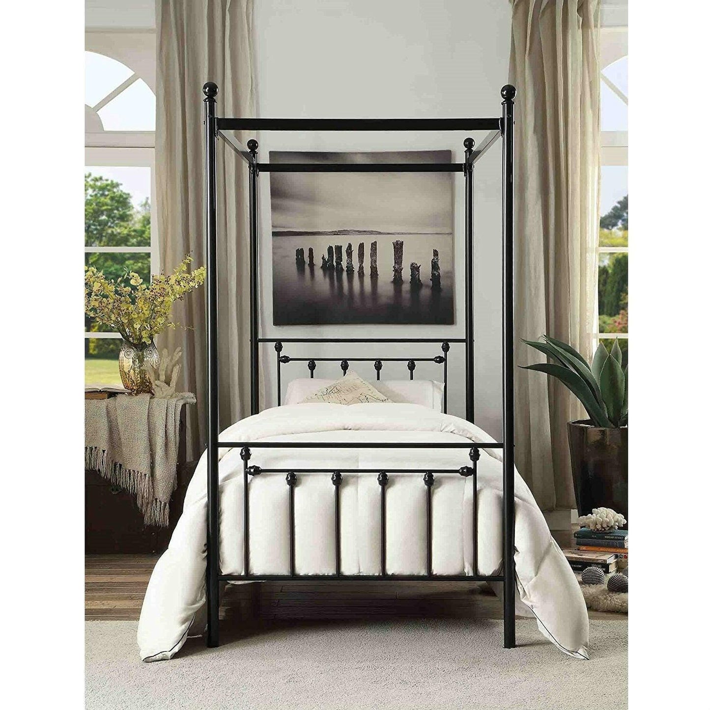 Twin size Sturdy Metal Canopy Bed Frame in Black Metal Finish - FurniFindUSA