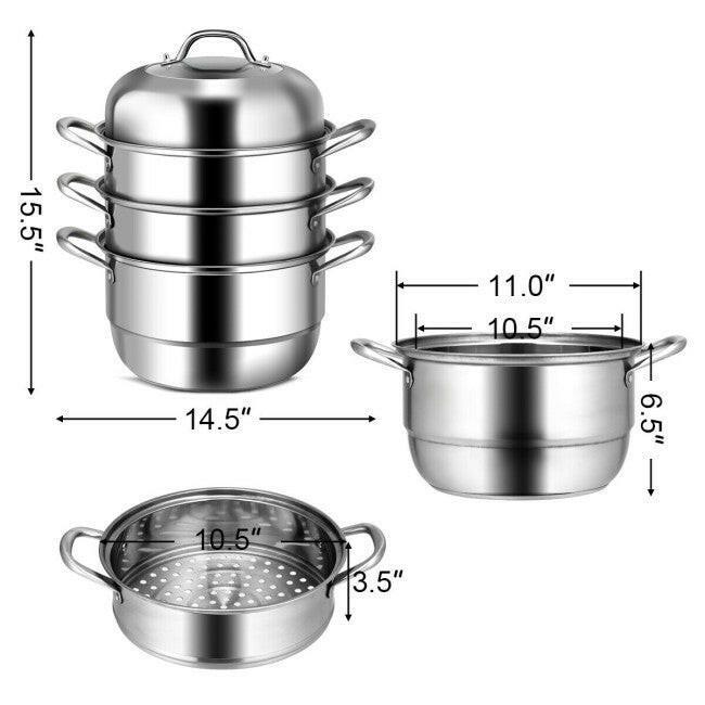 3 Tier Large Stainless Steel Steamer Cookware Set - FurniFindUSA