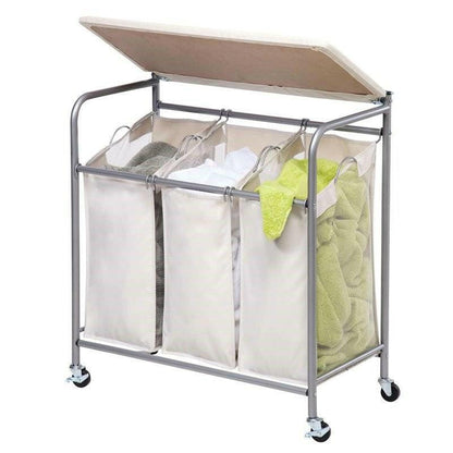 3 Section Wheeled Laundry Sorter Cart with Lift Top Folding Ironing Board - FurniFindUSA