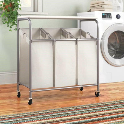 3 Section Wheeled Laundry Sorter Cart with Lift Top Folding Ironing Board - FurniFindUSA